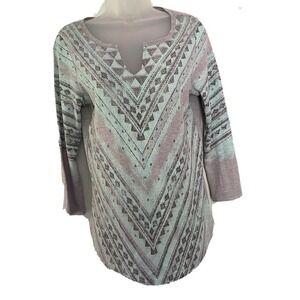Lucky Brand Live In Love Fair Isle Print‎ Shirt Womens Medium Gray Aqua V Neck